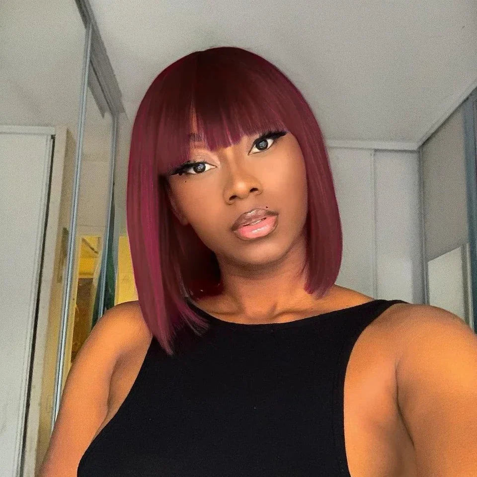 Rebecca Orange Blonde & 99J Red Straight Bob Wig with Bangs | Human Hair Machine Made