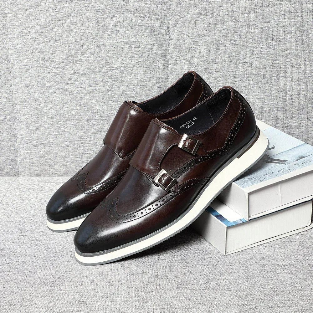 Luxury Men's Double Buckle Monk Strap Flats | Genuine Leather Casual Walk Shoes (Dark Brown, Black)