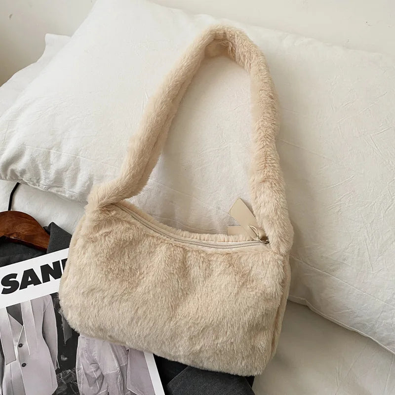 Simple Design Women's Soft Plush Hobo Shoulder Bag | Winter Furry Ladies Clutch Purse & Handbag (Fashion Female Underarm Bag)