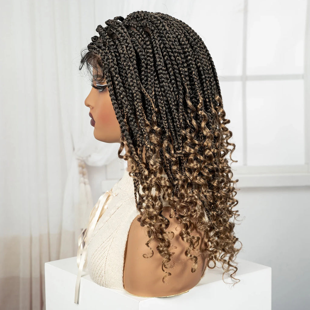 Ombre Boho Knotless Braids Bob Wig with Curly Ends | Full Lace