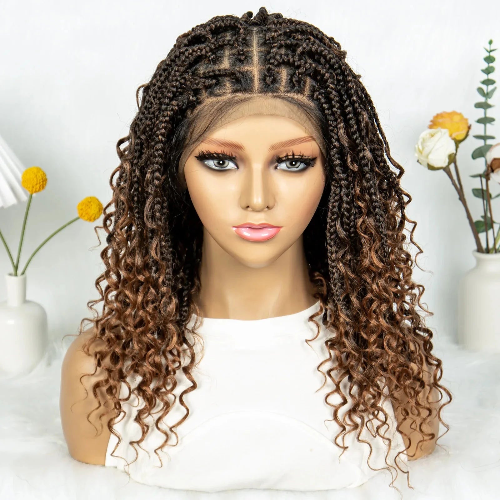 Short Bohemian Box Braids Wig | Full Lace | Curly Ends | Baby Hair | Synthetic Boho Wig