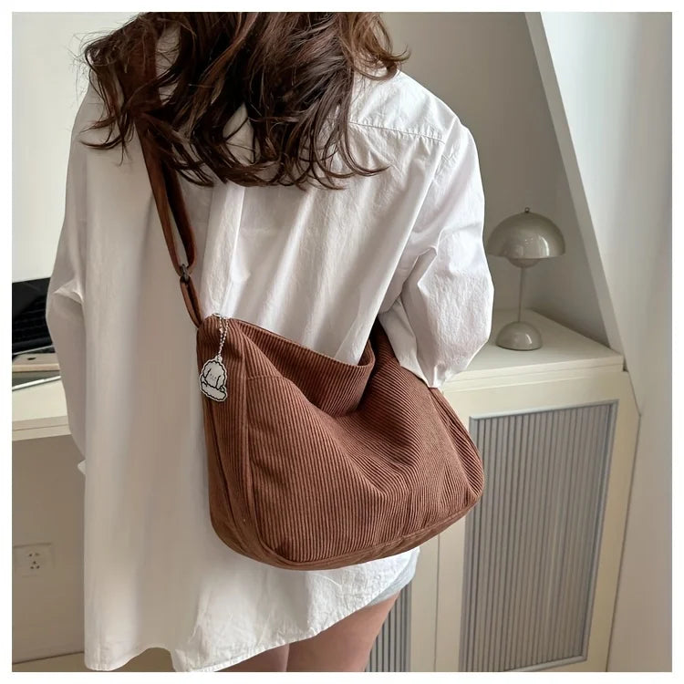 Women's Corduroy Shoulder Bag | Casual Striped Large Capacity Tote with Zipper (Cute Hat Patch, Everyday Use)