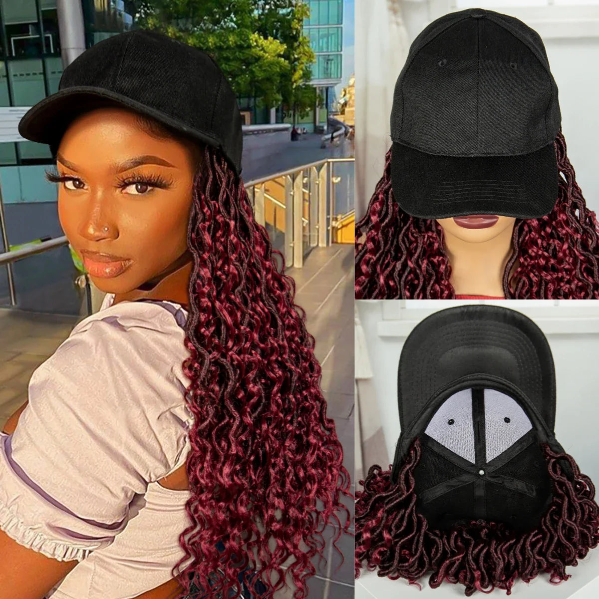Burgundy Braided Hat Wig with Curly Ends | Knotless Braids | Adjustable Cap