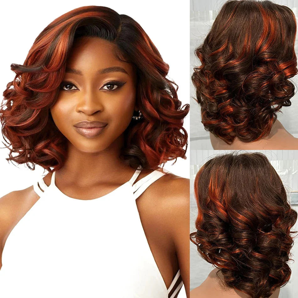 Malaysian Hair | Double Drawn | P4 27 | Ombre | Highlight | Bouncy Wave | Wear and Go | Glueless | Human Hair | Bob Curly Wigs