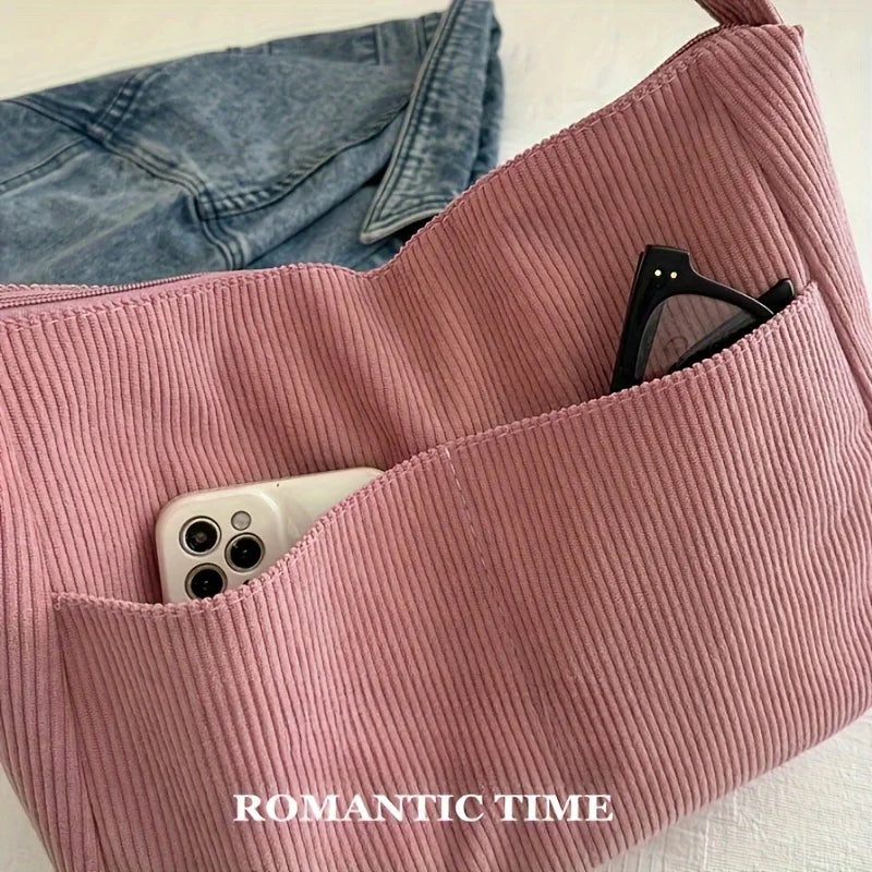 Women's Corduroy Shoulder Bag | Casual Striped Large Capacity Tote with Zipper (Cute Hat Patch, Everyday Use)