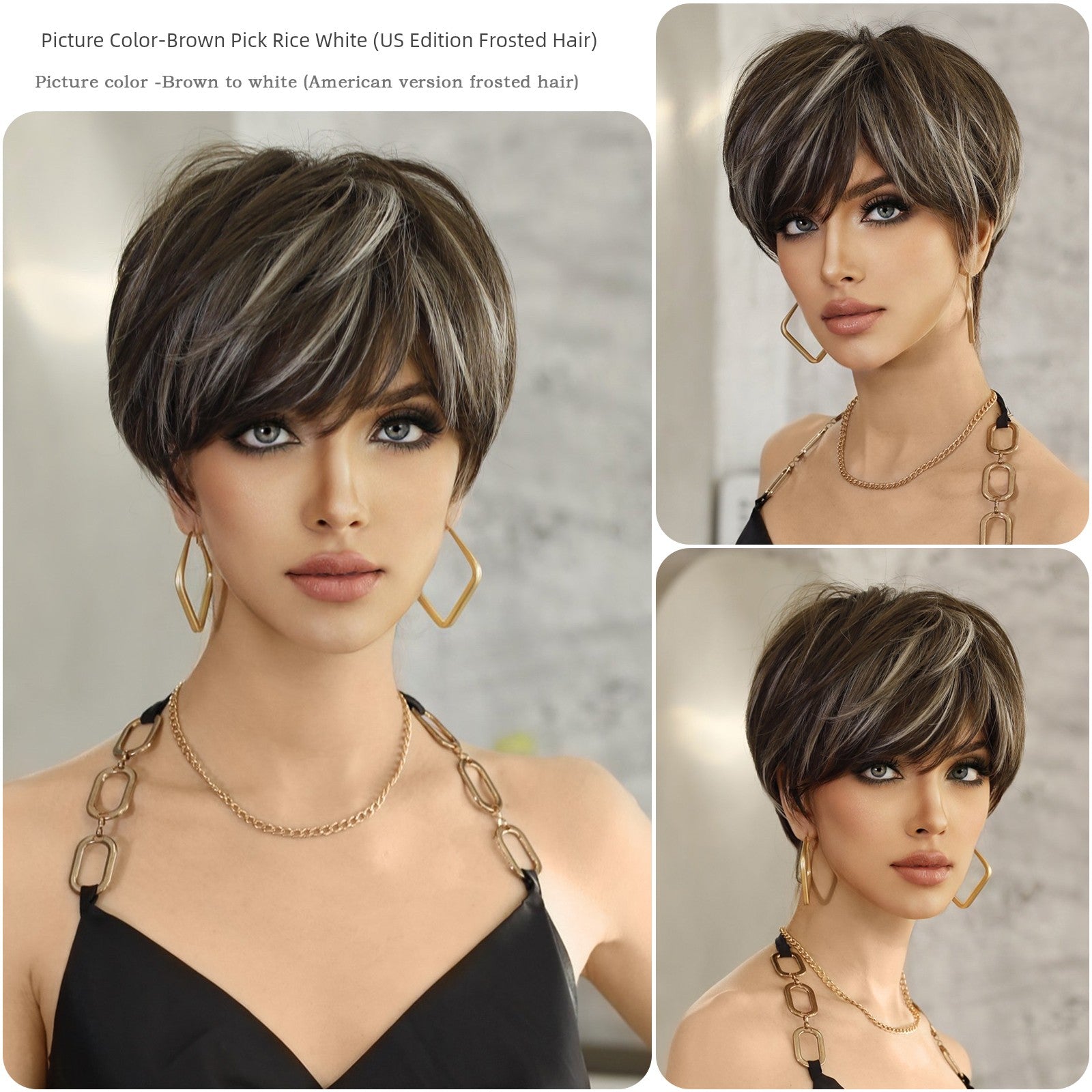 European & American Short Platinum Highlight Black Wig | Full Head Cover Artificial Human Hair Wig for Women (Natural Hairstyle with Oblique Bangs)
