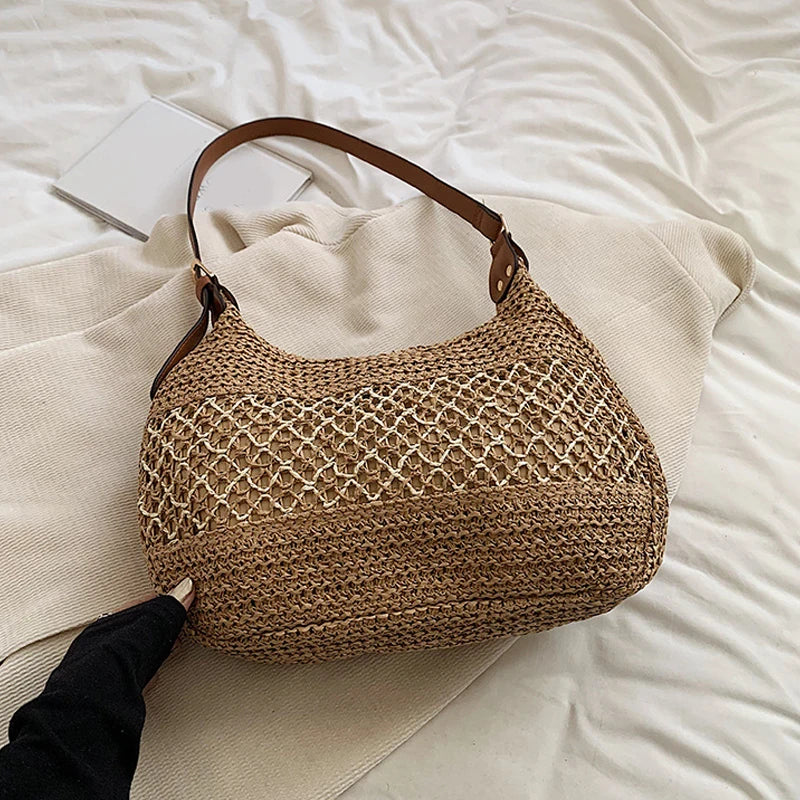 Large Capacity Summer Straw Weaving Shoulder Bag | Women's Handmade Crochet Beach Handbag & Woven Hollow Out Underarm Knitting Bag