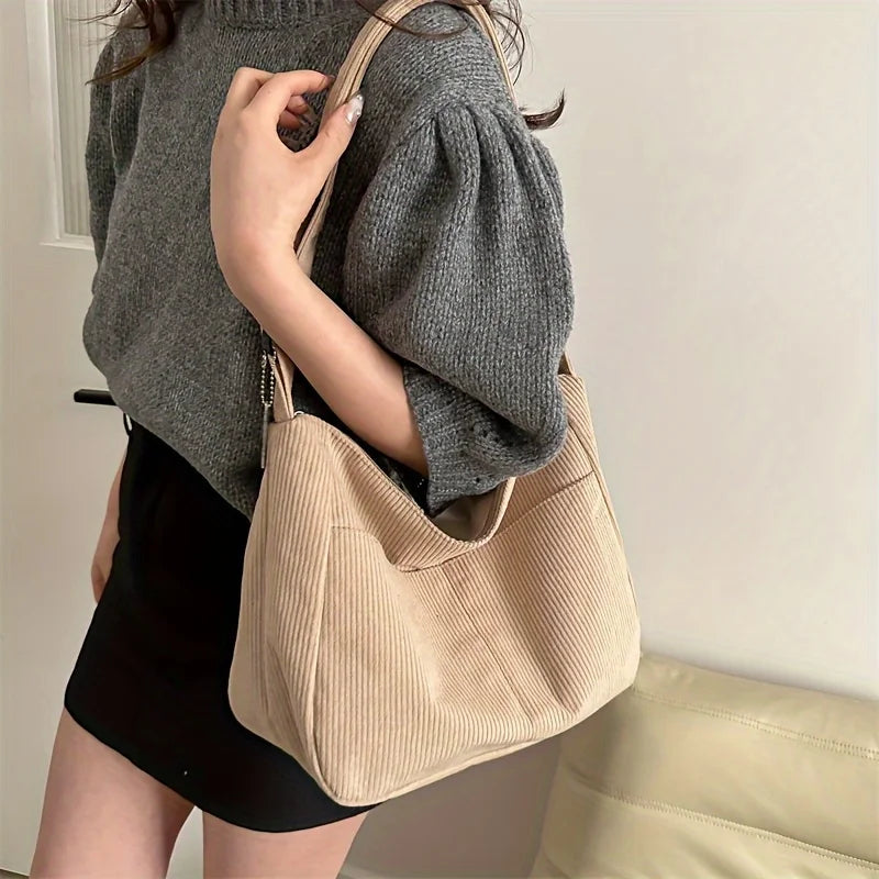 Women's Corduroy Shoulder Bag | Casual Striped Large Capacity Tote with Zipper (Cute Hat Patch, Everyday Use)