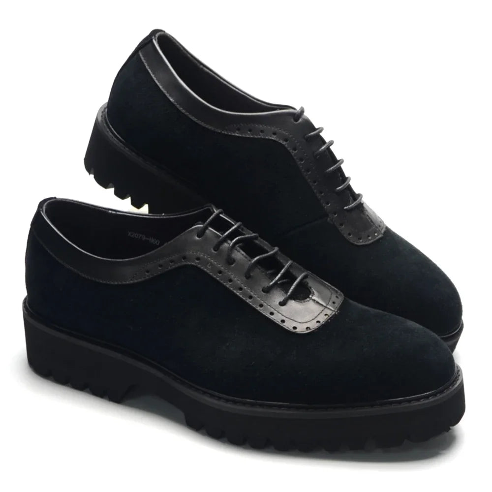 Designer Luxury Platform Oxfords for Men | Cow Suede Genuine Leather Black & Blue Casual Shoe (Height Increasing)