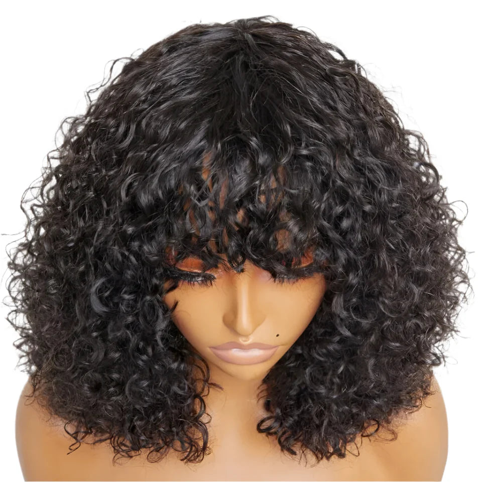 Highlight Honey Blonde Jerry Curly Pixie Bob Wig with Bangs | Full Machine Made Human Hair