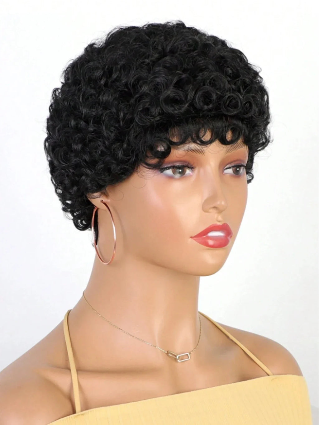 Cut Short Curly Wigs for Women | Glueless Synthetic Full Wigs with Bangs (Daily Wear & Go, Heat Resistant, Black Color for Beginners)