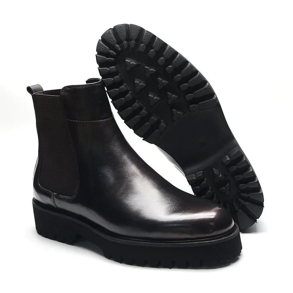 British Style High Top Men's Chelsea Boots | Classic Luxury Genuine Leather (Height Increasing, Elastic Band)
