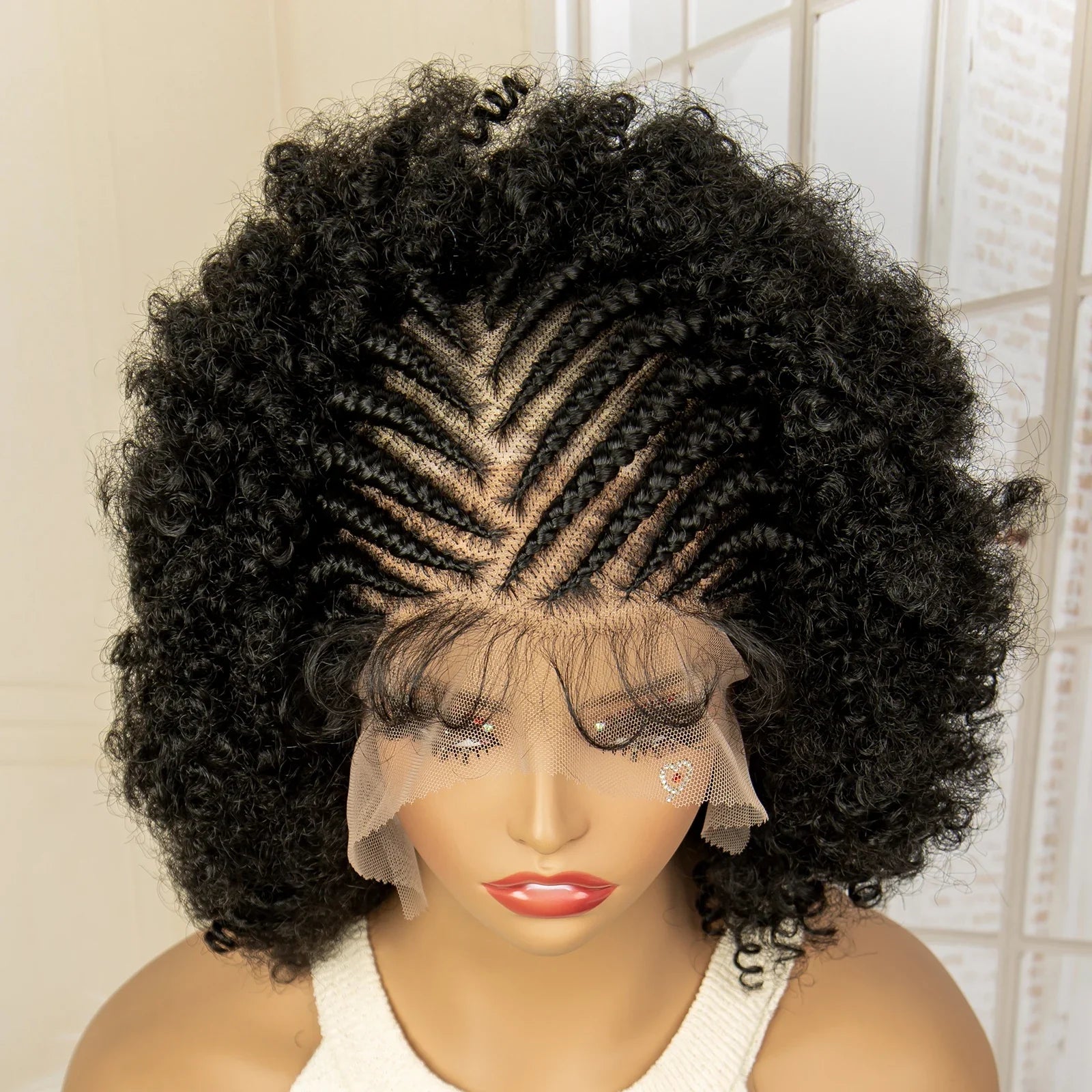 Premium Full Lace Afro Braided Wig - 8 Inch Short Kinky Curly Cornrow Braids Wig with Baby Hair - Natural Look