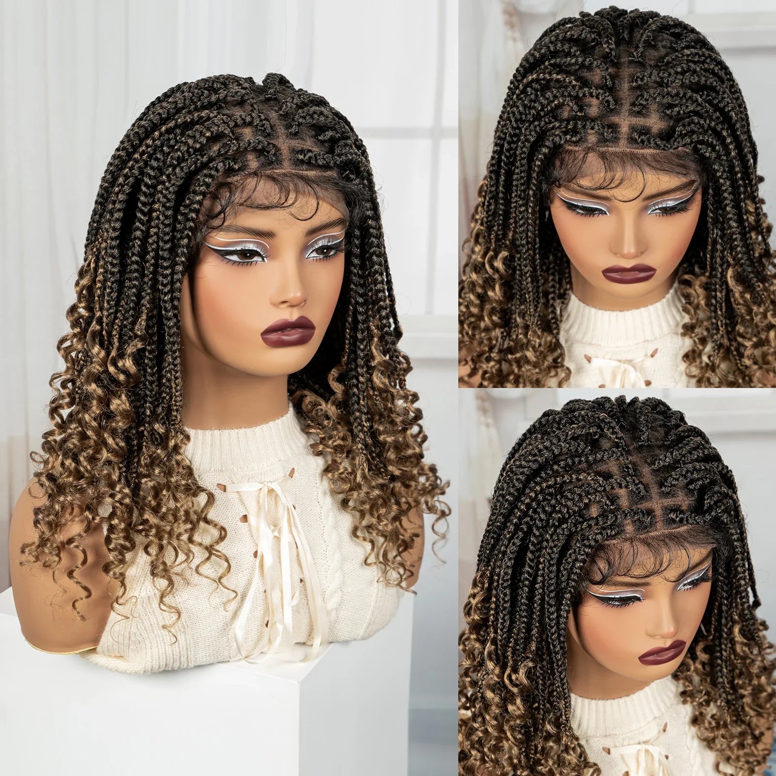 Ombre Boho Knotless Braids Bob Wig with Curly Ends | Full Lace