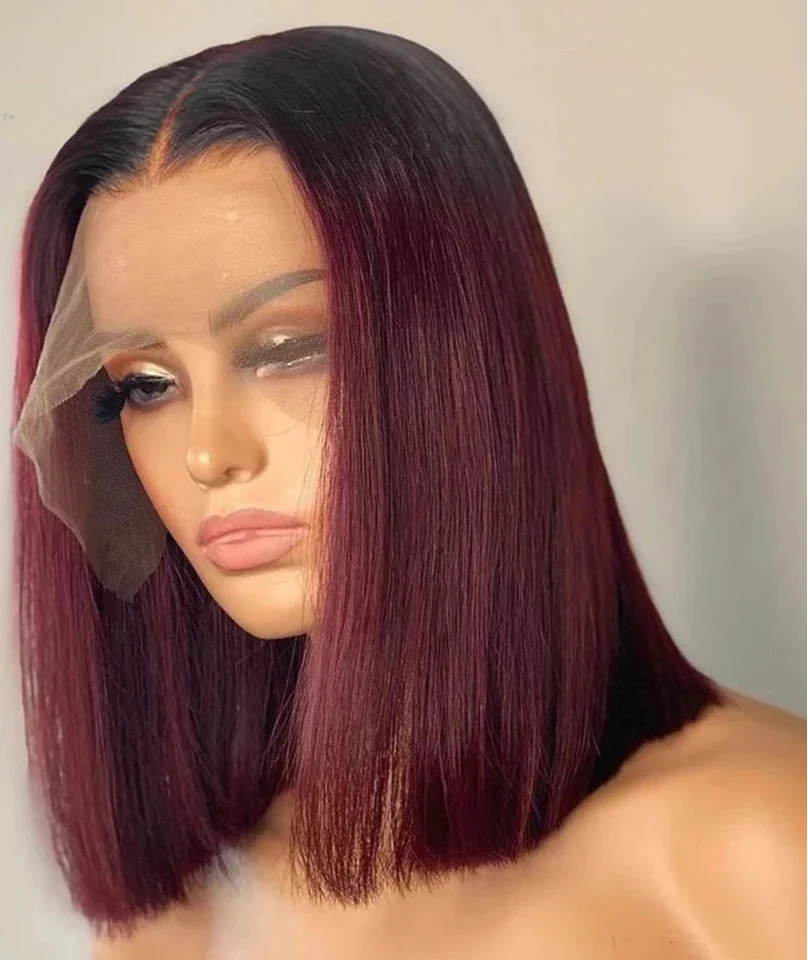 Wine Red Ombre 1B-99J Straight Bob Wig | 13x4 Transparent Lace Front Brazilian Human Hair