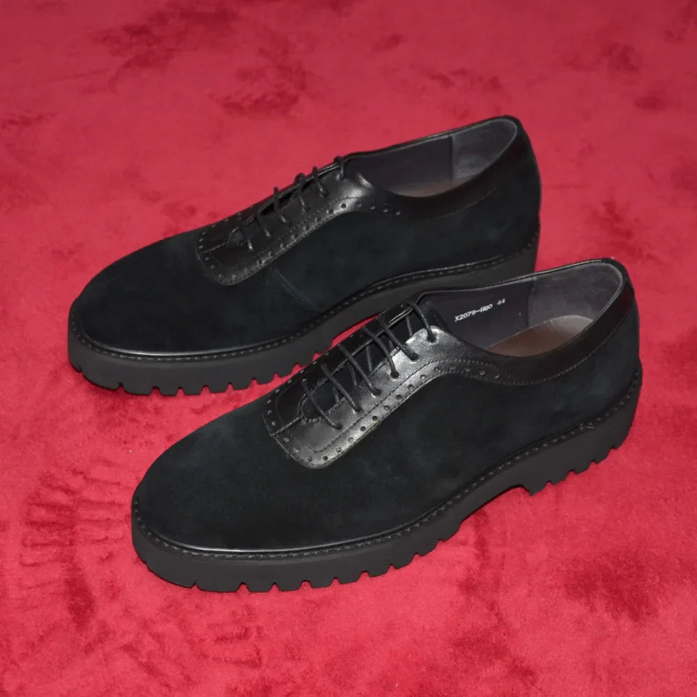 Designer Luxury Platform Oxfords for Men | Cow Suede Genuine Leather Black & Blue Casual Shoe (Height Increasing)