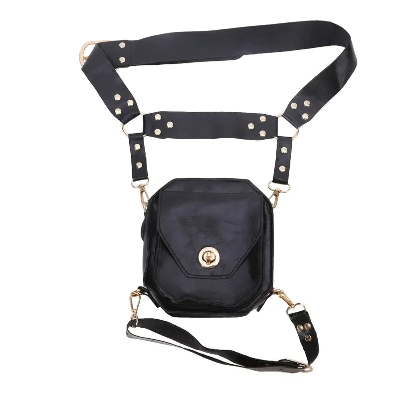 Punk Retro PU Square Waist Bag | Casual Small Square Hip Packs for Women (Multi-function Outdoor Leg Phone Pouch & Crossbody)