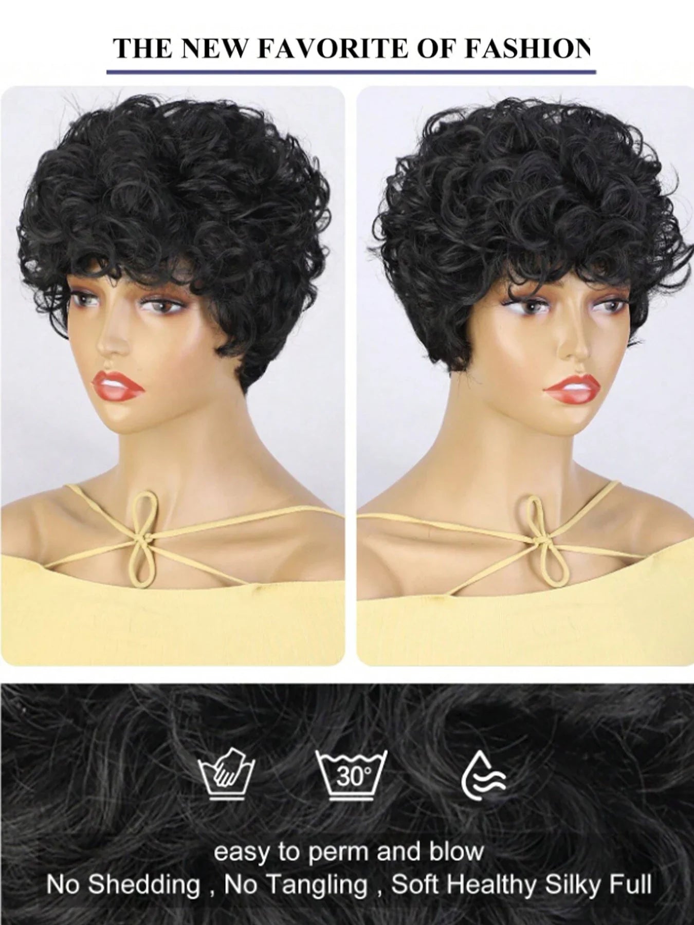 Cut Short Curly Wigs for Women | Glueless Synthetic Full Wigs with Bangs (Daily Wear & Go, Heat Resistant, Black Color for Beginners)