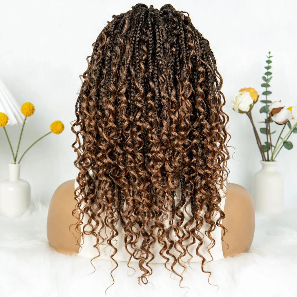 Short Bohemian Box Braids Wig | Full Lace | Curly Ends | Baby Hair | Synthetic Boho Wig