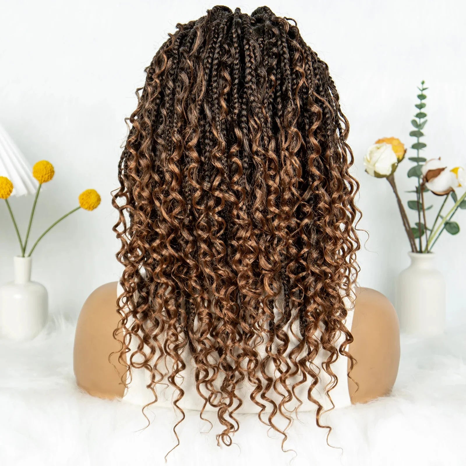 Short Bohemian Box Braids Wig | Full Lace | Curly Ends | Baby Hair | Synthetic Boho Wig
