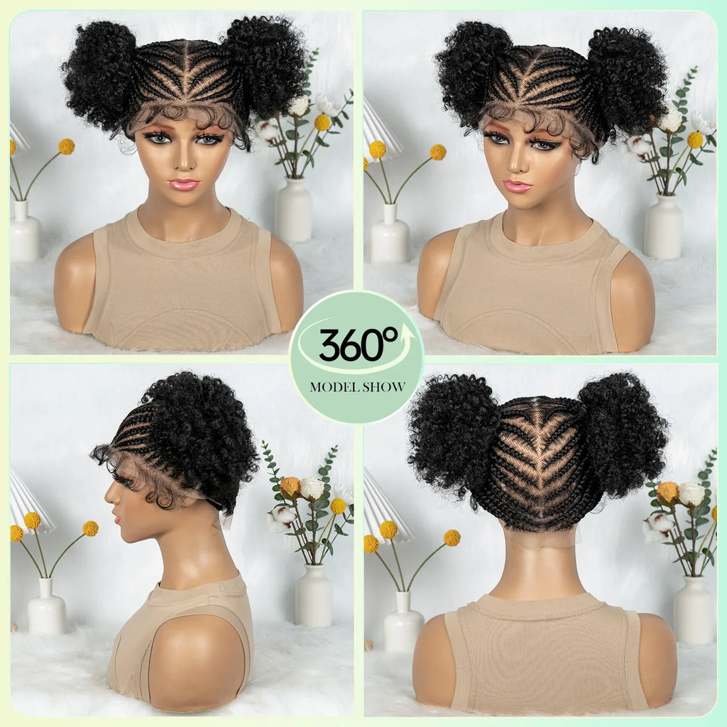 HD Full Lace Cornrow & Box Braid Wig with Double Buns | Transparent Lace Synthetic Hair for Black Women & Girls