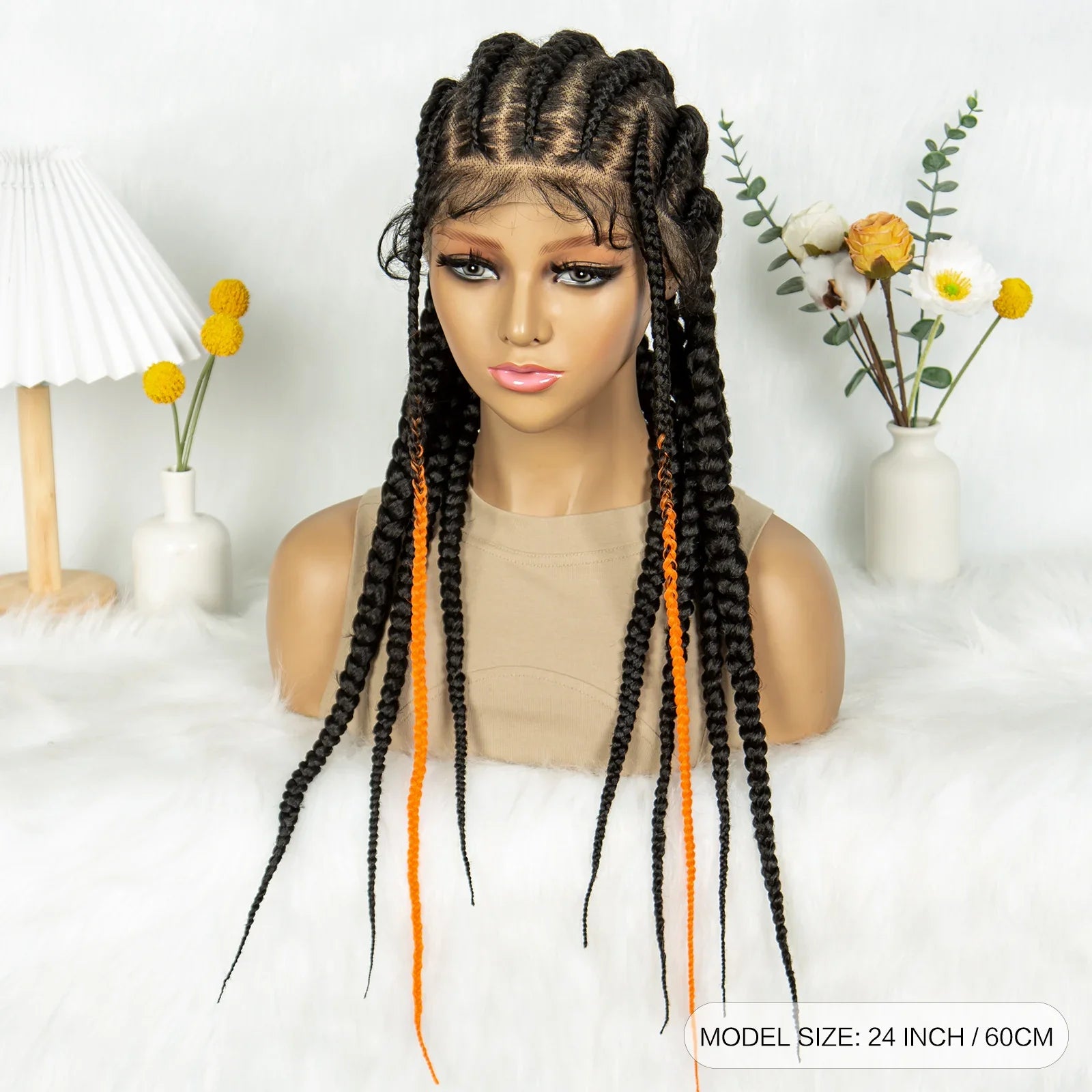 Knotless Box Braids Full Lace Wig | Cornrow Accents | Baby Hair | Synthetic Braided Wig