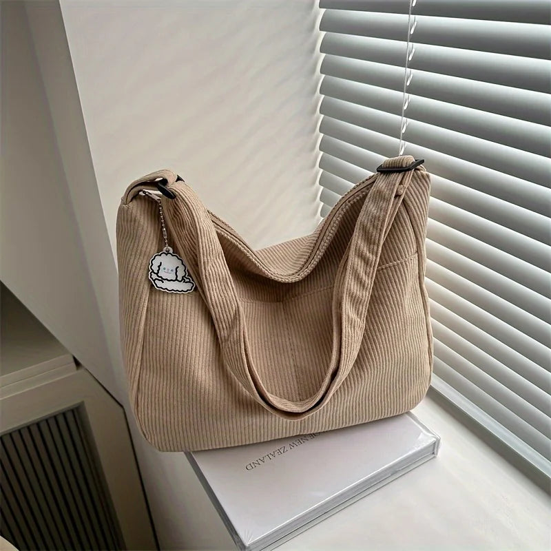 Women's Corduroy Shoulder Bag | Casual Striped Large Capacity Tote with Zipper (Cute Hat Patch, Everyday Use)