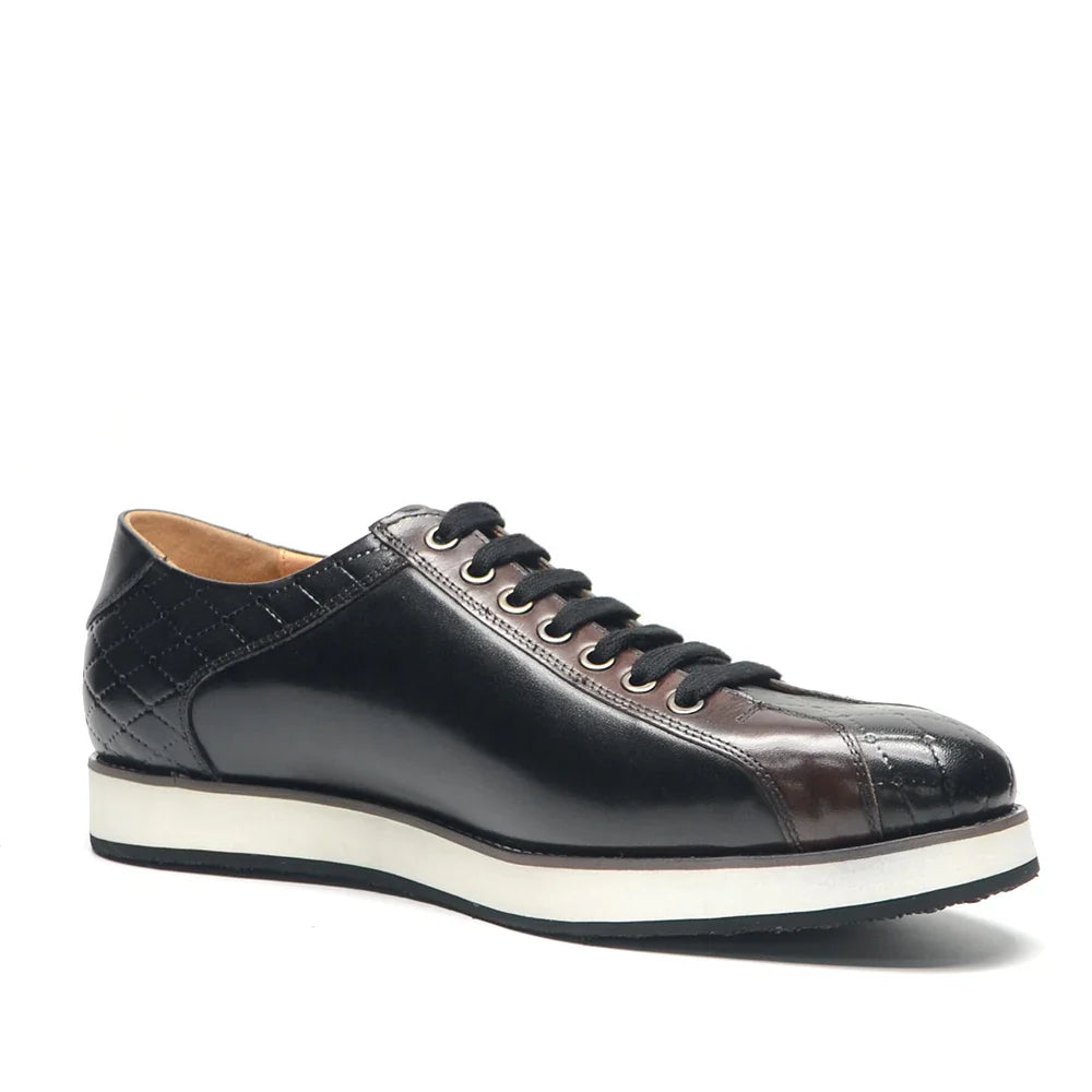 Europe 2024 Fall Luxury Men's Genuine Leather Plaid Casual Shoes | Black & Dark Brown Business Sneakers (Height Increasing)