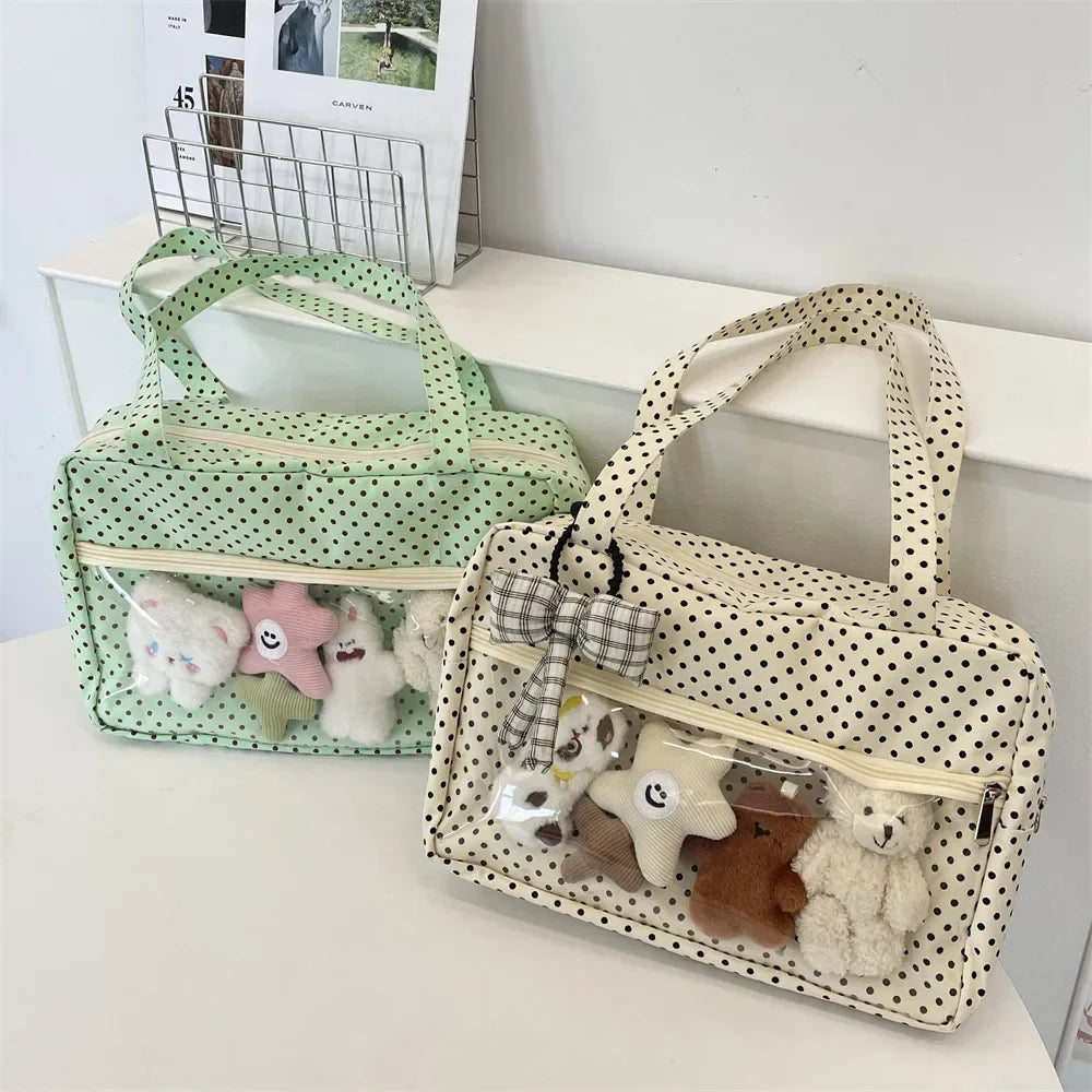 Y2K Ulzzang Ita Bag for Women | Trendy Polka Dot Canvas Shoulder & Underarm Tote (Transparent Pocket, Youth Fashion)