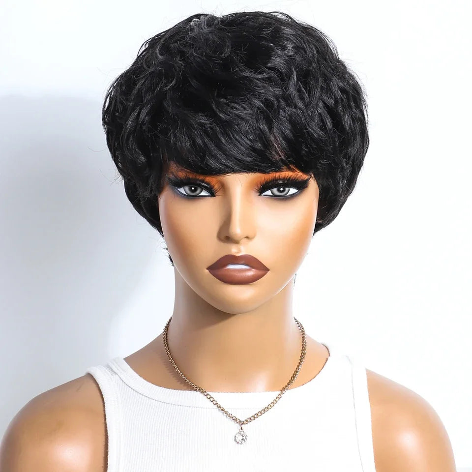 Rebecca P1B/30 Brown Pixie Cut Wig | Curly Side Part Brazilian Human Hair
