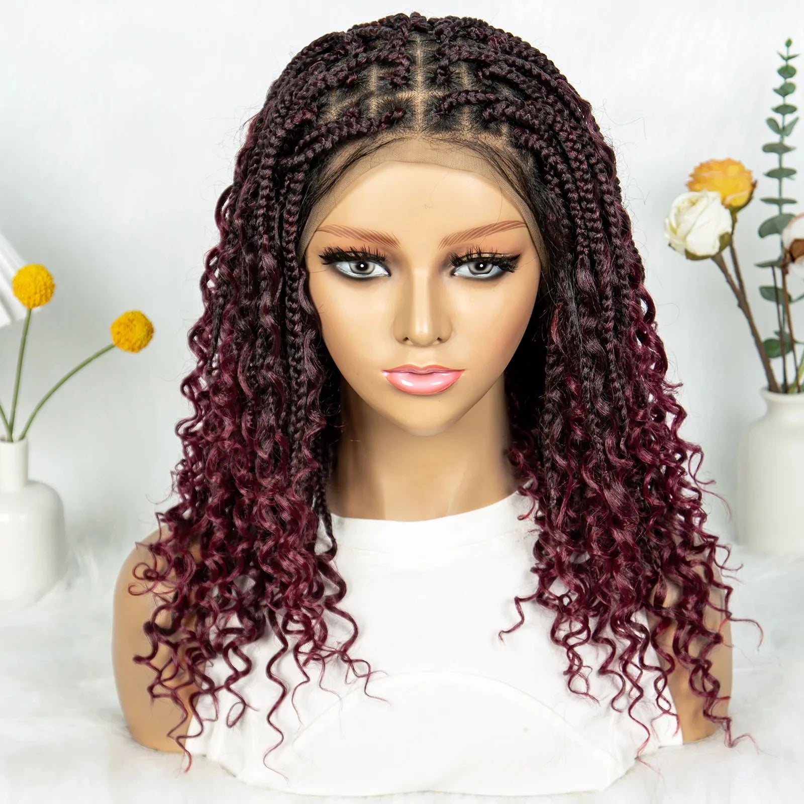 Short Bohemian Box Braids Wig | Full Lace | Curly Ends | Baby Hair | Synthetic Boho Wig
