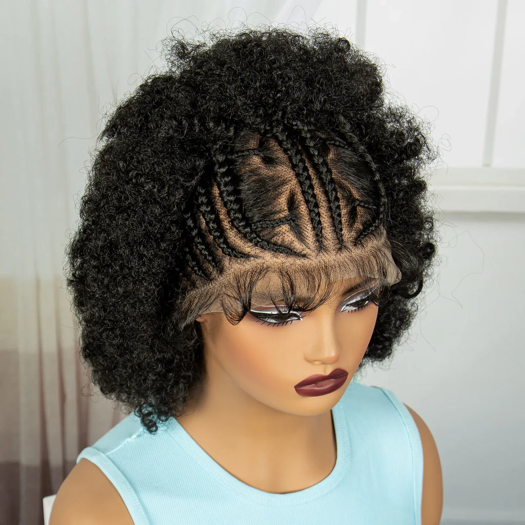 Short Afro Kinky Curly Cornrow Braids Wig | HD Full Lace | Baby Hair