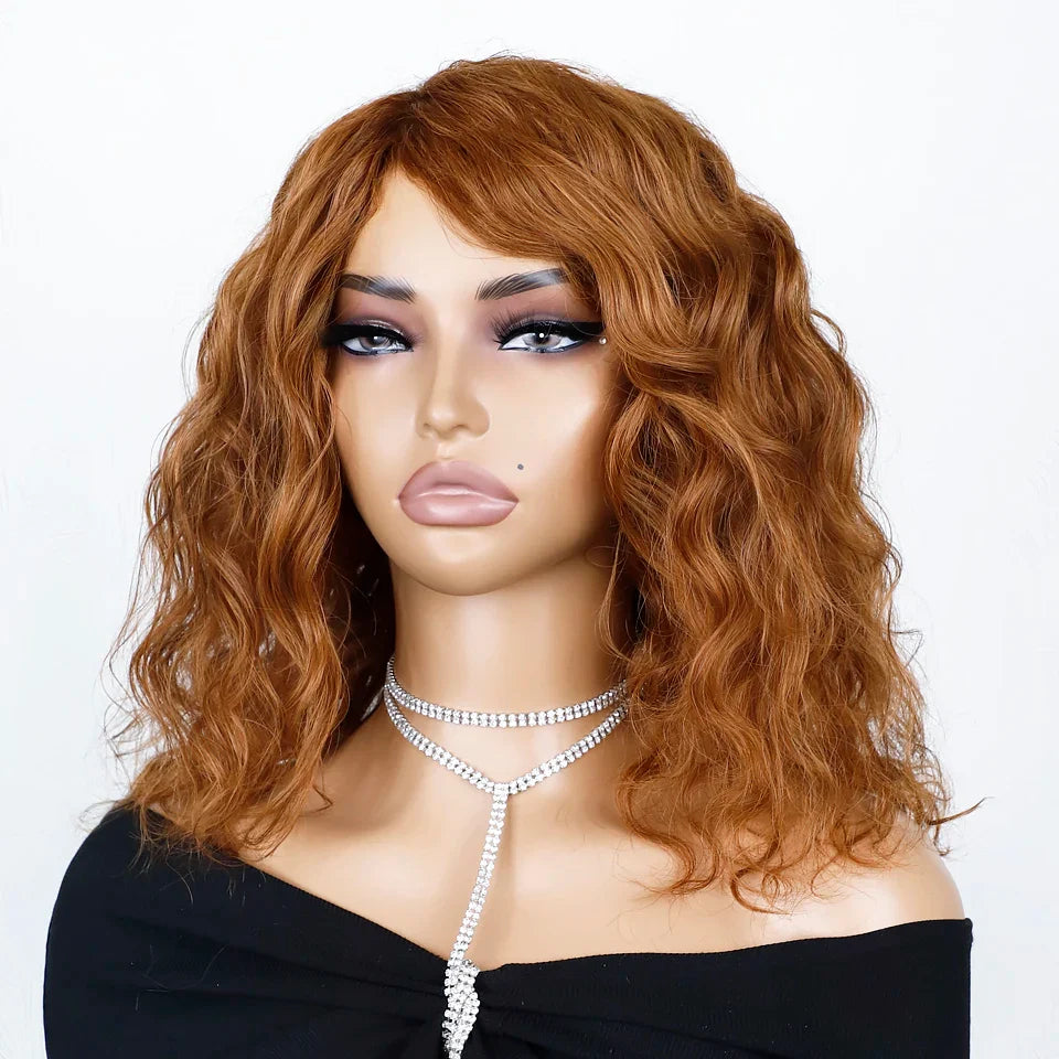 Honey Curly Bob Wigs Human Hair Side Part Pre-Plucked Big Fluffy Brown Mixed Blonde Glueless Bob Curly Wig with Fringe Bangs