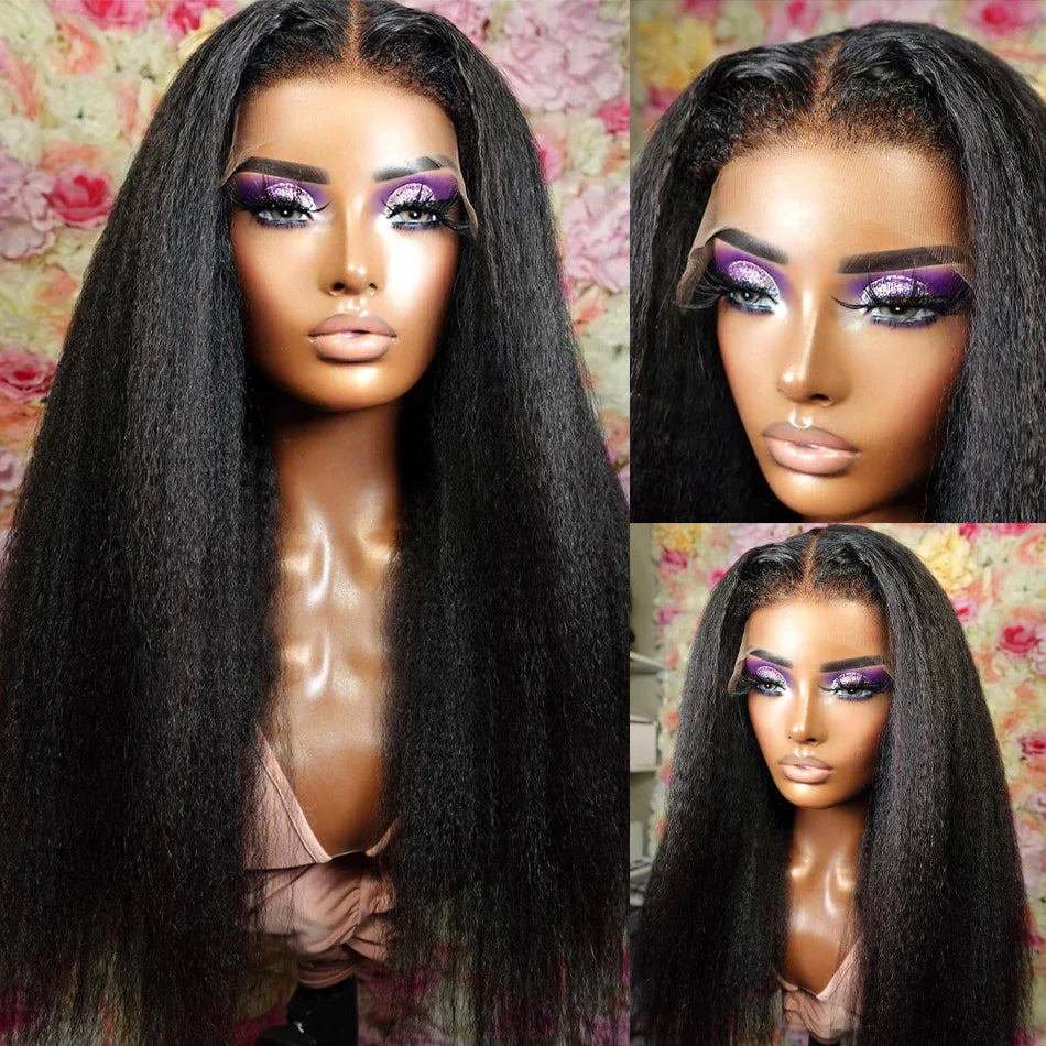 Kinky Straight 360 HD Lace Frontal Wig | Yaki Straight Ponytail Human Hair Wig for Black Women (Transparent Lace, Clearance Sale)
