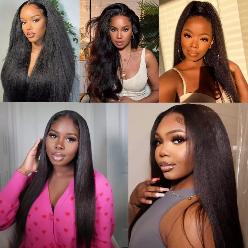 Kinky Straight 360 HD Lace Frontal Wig | Yaki Straight Ponytail Human Hair Wig for Black Women (Transparent Lace, Clearance Sale)