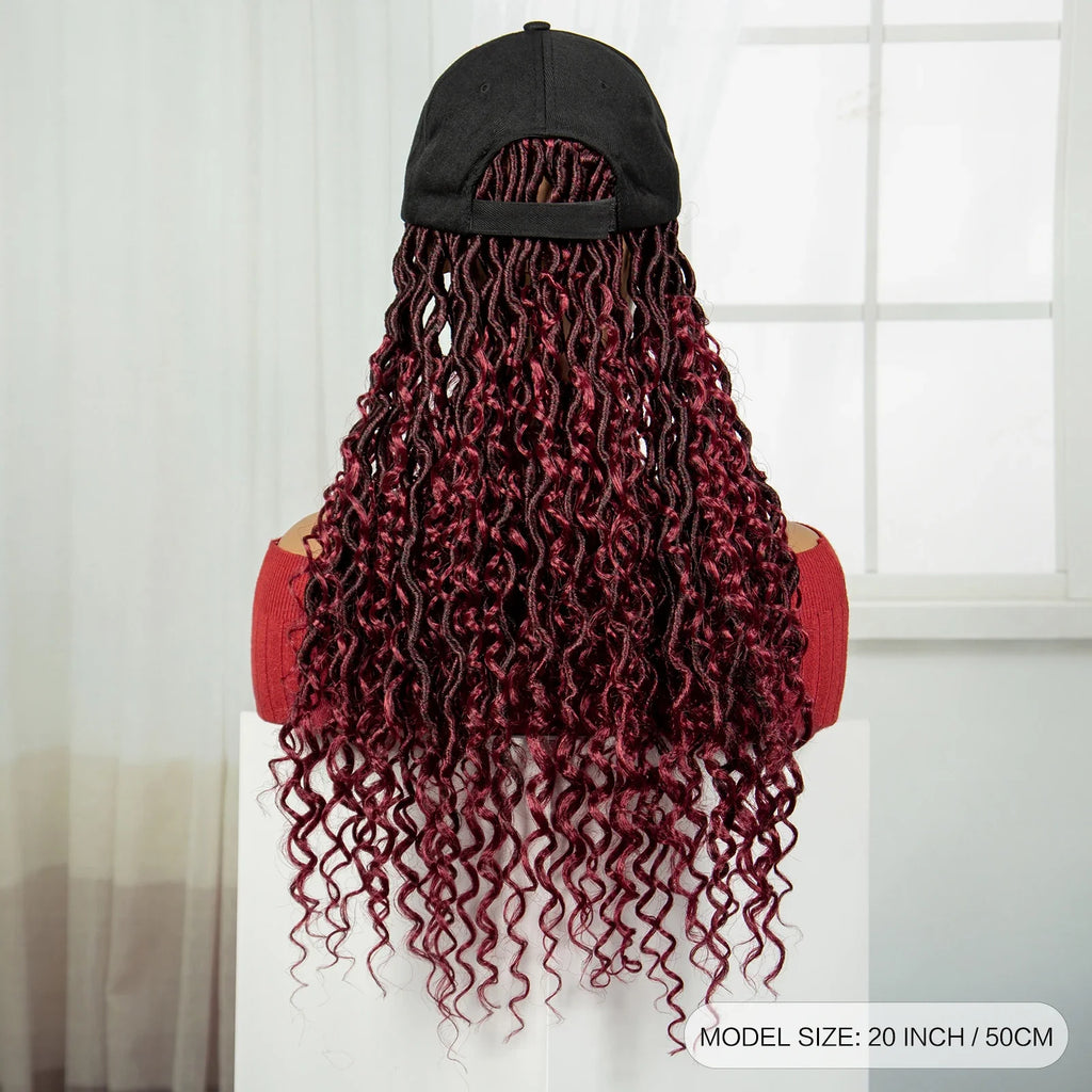 Burgundy Braided Hat Wig with Curly Ends | Knotless Braids | Adjustable Cap