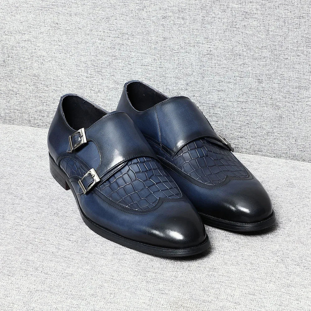 Elegant Men's Genuine Leather Monk Strap Shoes | Stone Pattern Print Double Buckle & Cap Toe (Business, Party, Social)