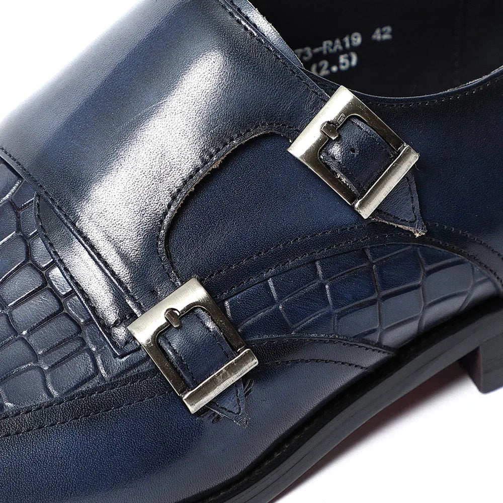 Elegant Men's Genuine Leather Monk Strap Shoes | Stone Pattern Print Double Buckle & Cap Toe (Business, Party, Social)