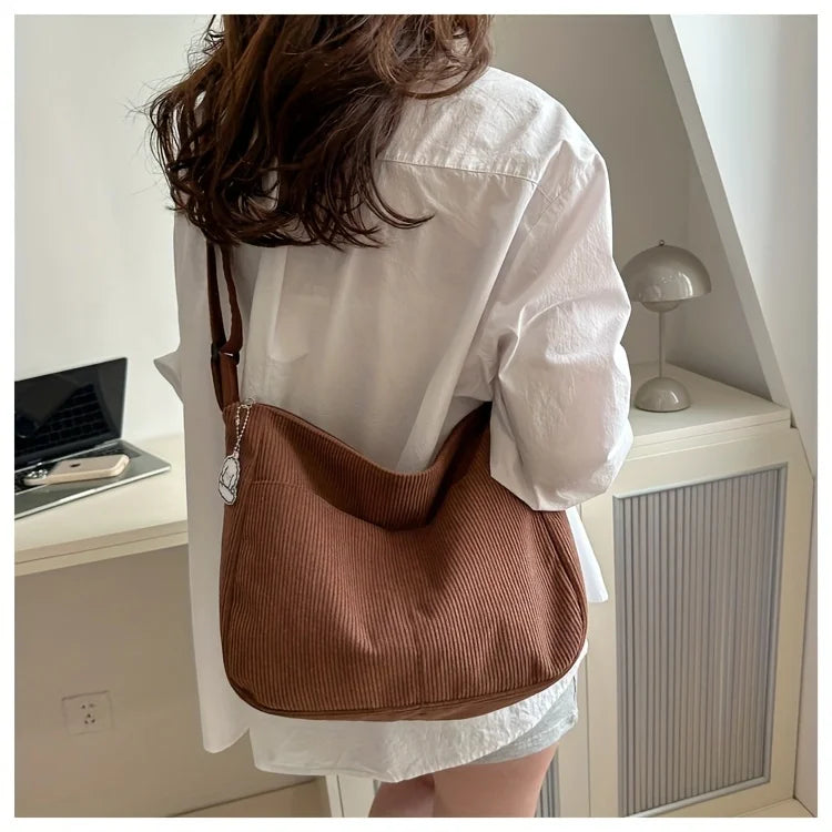Women's Corduroy Shoulder Bag | Casual Striped Large Capacity Tote with Zipper (Cute Hat Patch, Everyday Use)