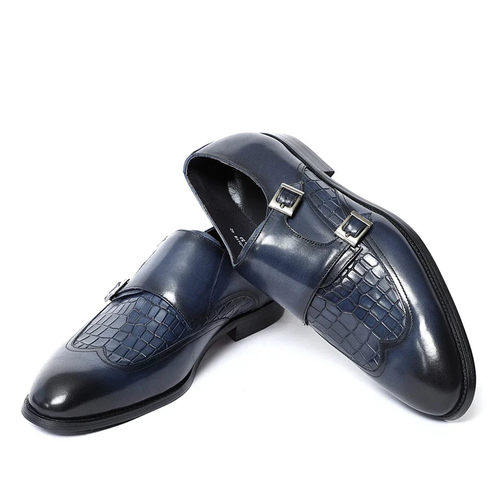 Elegant Men's Genuine Leather Monk Strap Shoes | Stone Pattern Print Double Buckle & Cap Toe (Business, Party, Social)