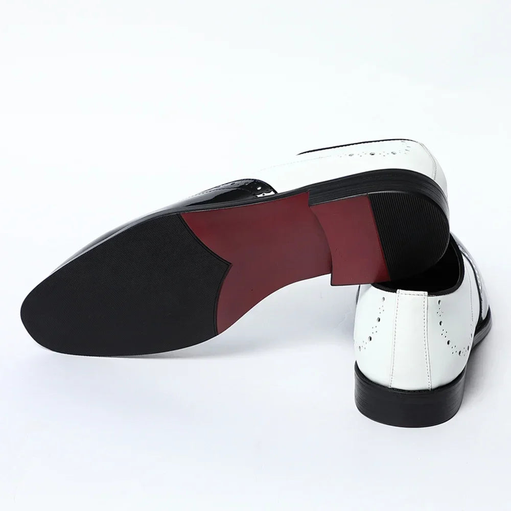 Elegant Men's White & Black Wingtip Brogue Oxfords | Genuine Leather Wedding, Party & Social Dress Shoes