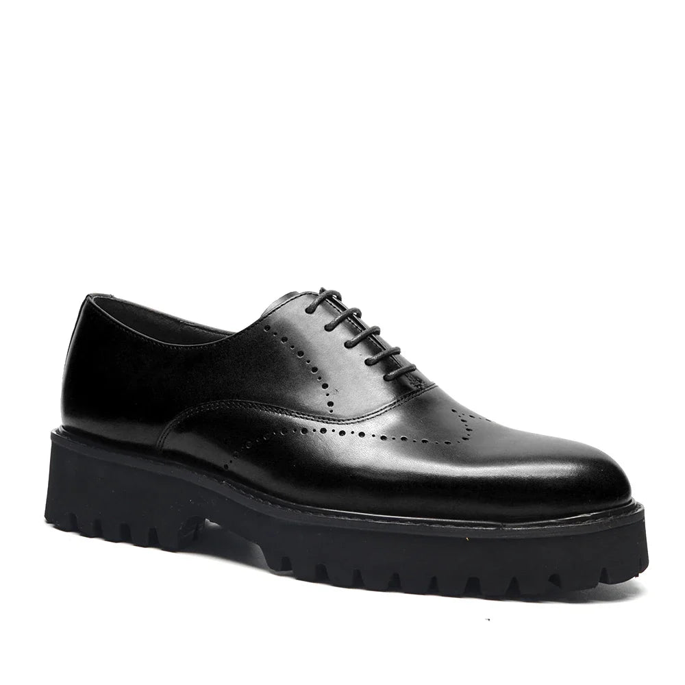 Luxury Men's Genuine Leather Platform Oxfords | Lightweight Black Sole Lace-Up Business & Casual Dress Shoes (Height Increasing)