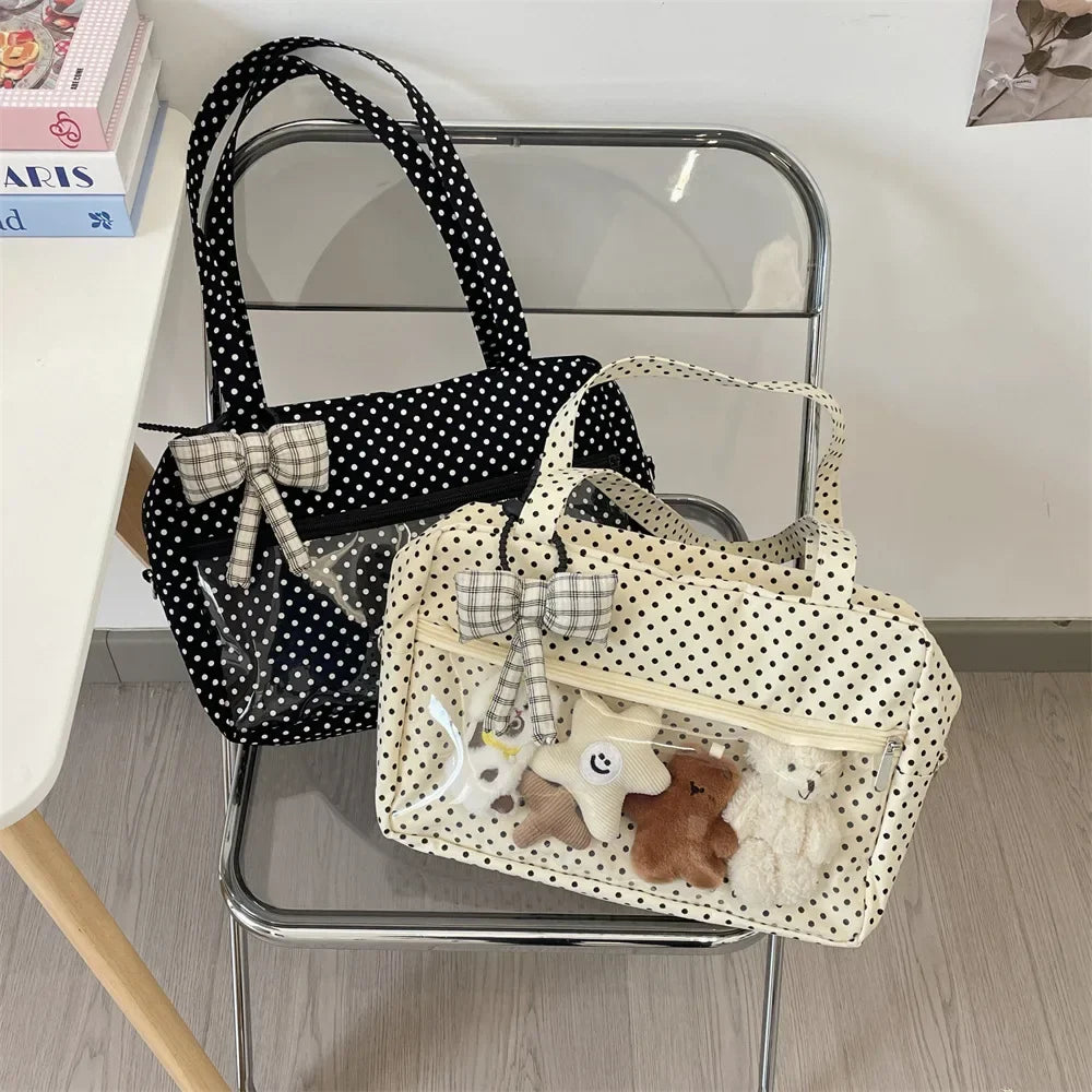 Y2K Ulzzang Ita Bag for Women | Trendy Polka Dot Canvas Shoulder & Underarm Tote (Transparent Pocket, Youth Fashion)