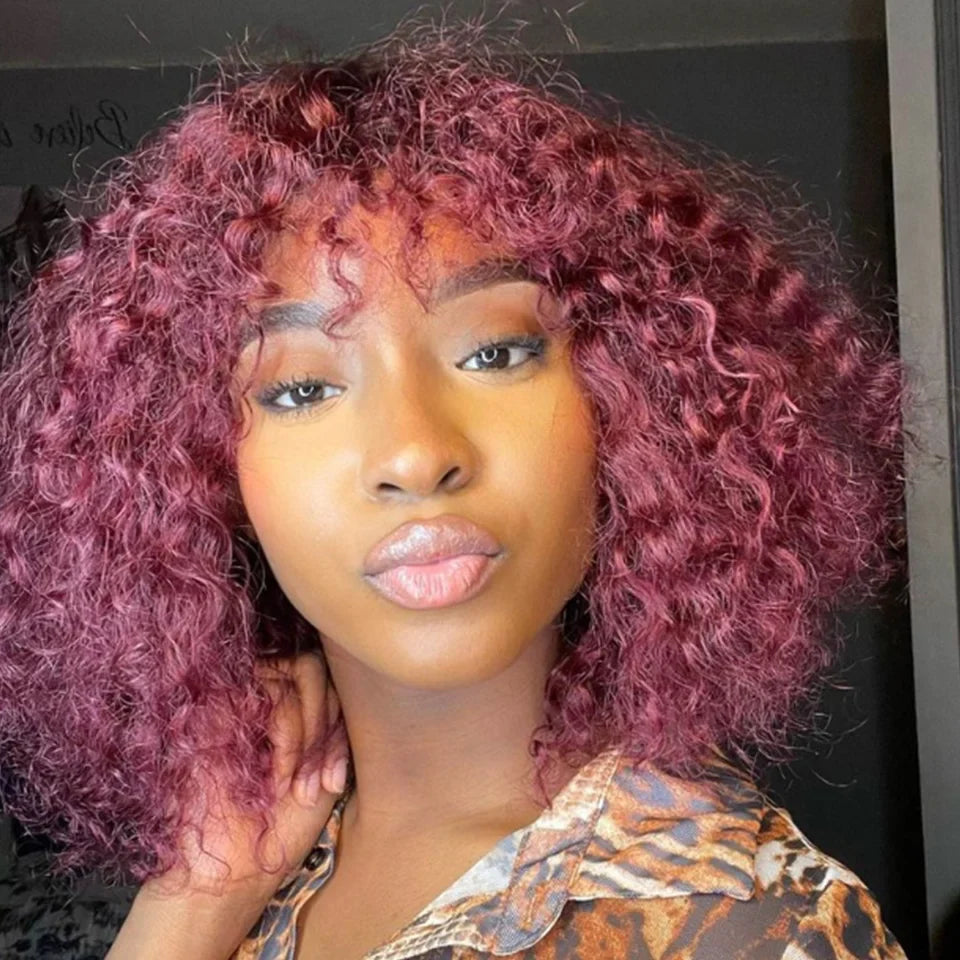 Highlight Honey Blonde Jerry Curly Pixie Bob Wig with Bangs | Full Machine Made Human Hair