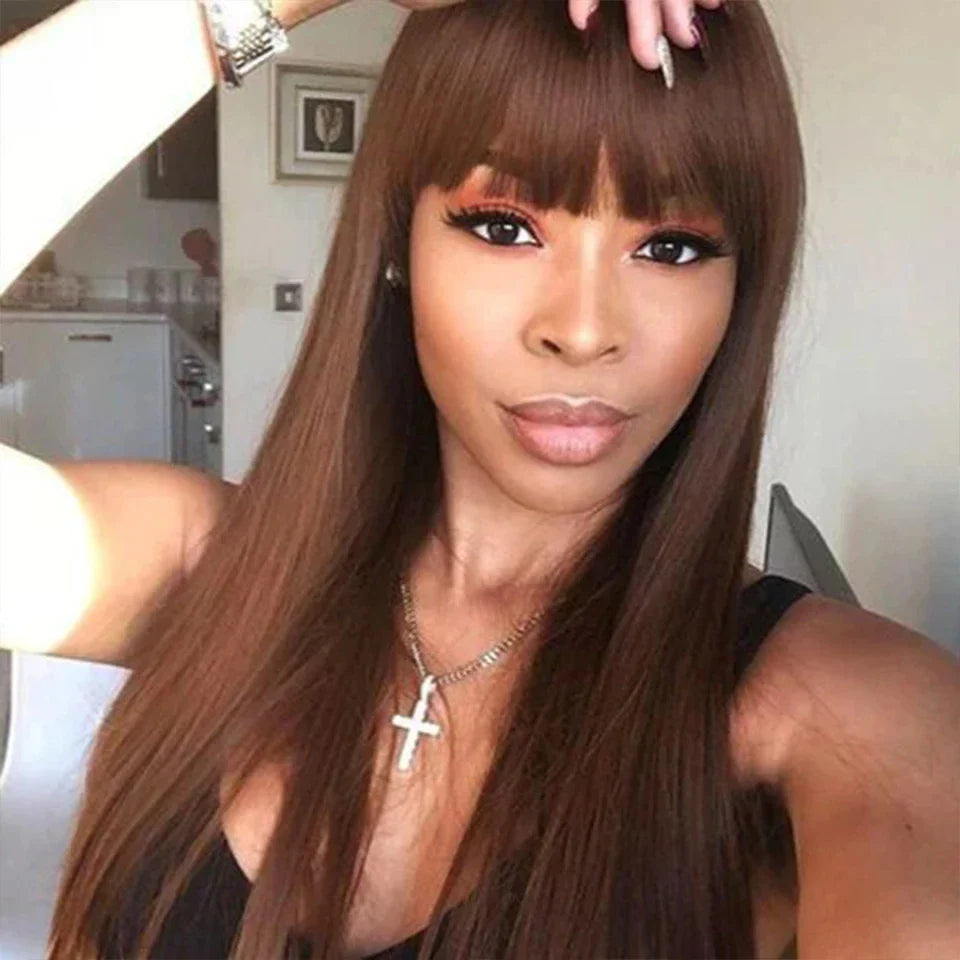Reddish Brown Human Hair Wig with Bangs | Easy Layer Cut Straight Remy Hair for Women (Affordable)