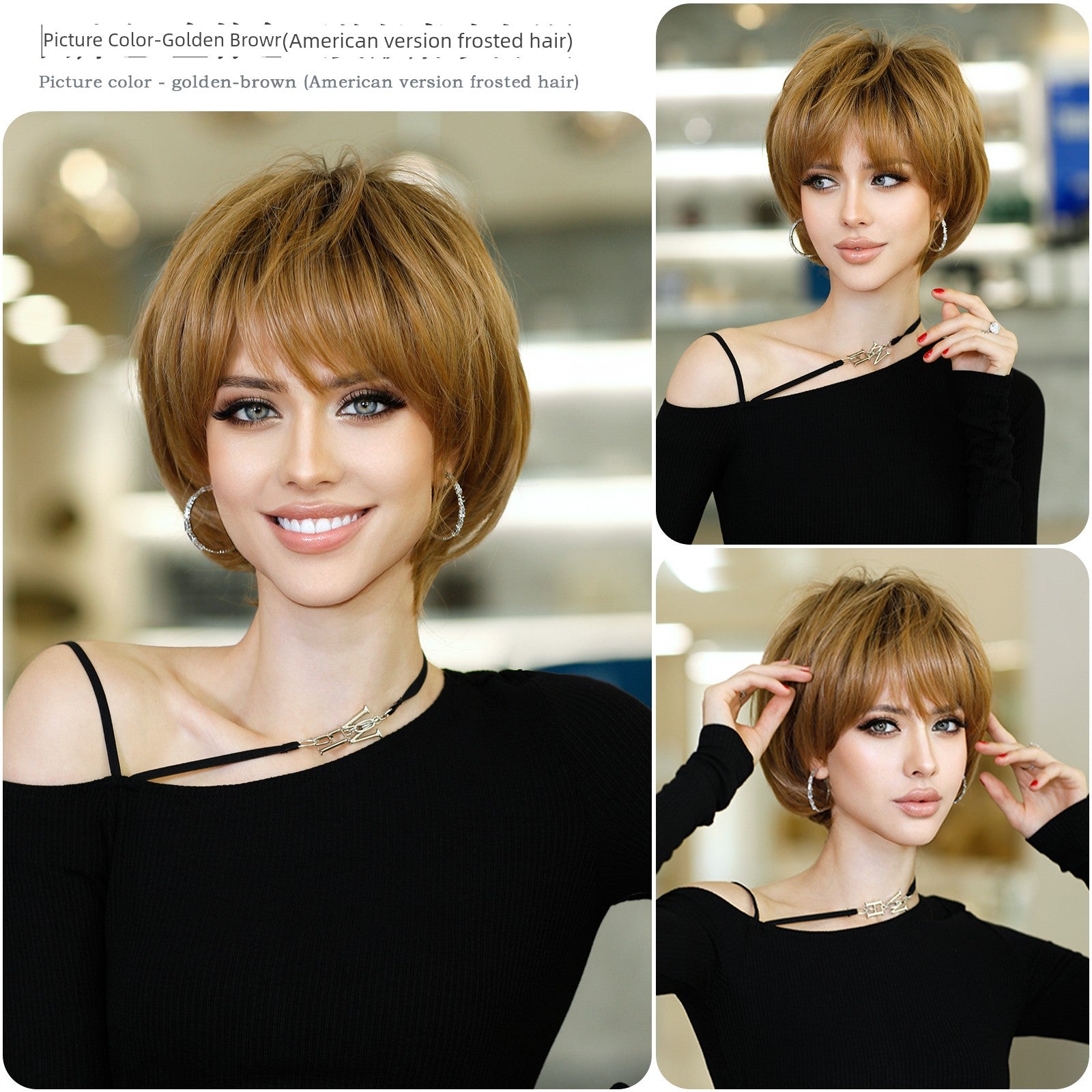 European & American Short Platinum Highlight Black Wig | Full Head Cover Artificial Human Hair Wig for Women (Natural Hairstyle with Oblique Bangs)