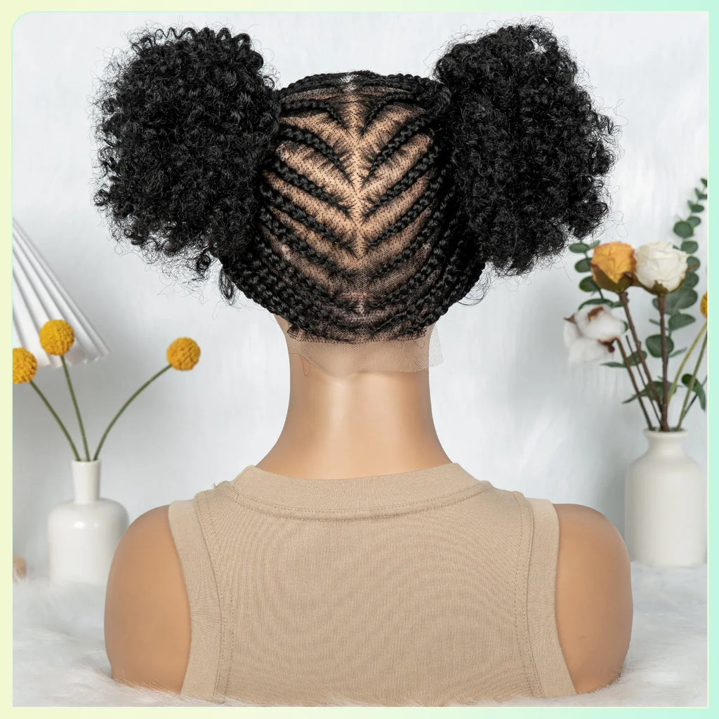 HD Full Lace Cornrow & Box Braid Wig with Double Buns | Transparent Lace Synthetic Hair for Black Women & Girls
