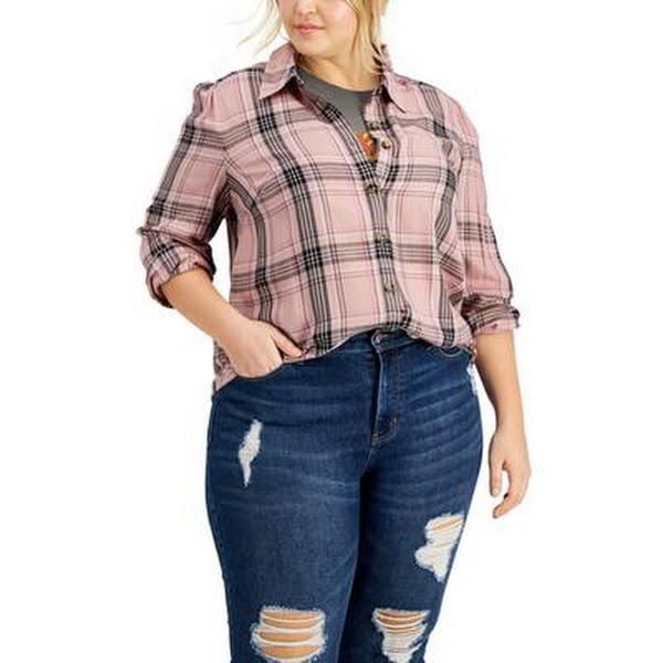 LoveFire Plus Size Raw Hem Plaid Button-Down Top