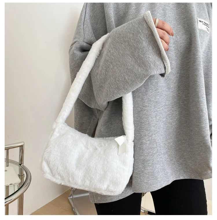 Simple Design Women's Soft Plush Hobo Shoulder Bag | Winter Furry Ladies Clutch Purse & Handbag (Fashion Female Underarm Bag)