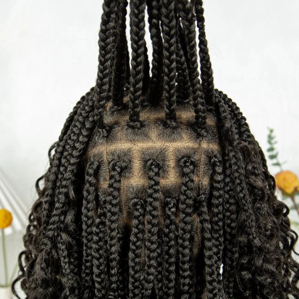 Short Bohemian Box Braids Wig | Full Lace | Curly Ends | Baby Hair | Synthetic Boho Wig